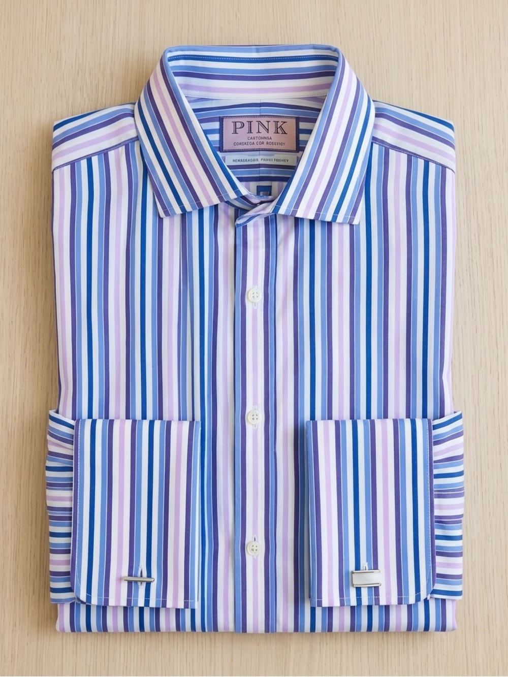 Thomas Pink 100% Cotton French Cuff Dress Shirt 16.5/35 Blue Purple Stripe EUC